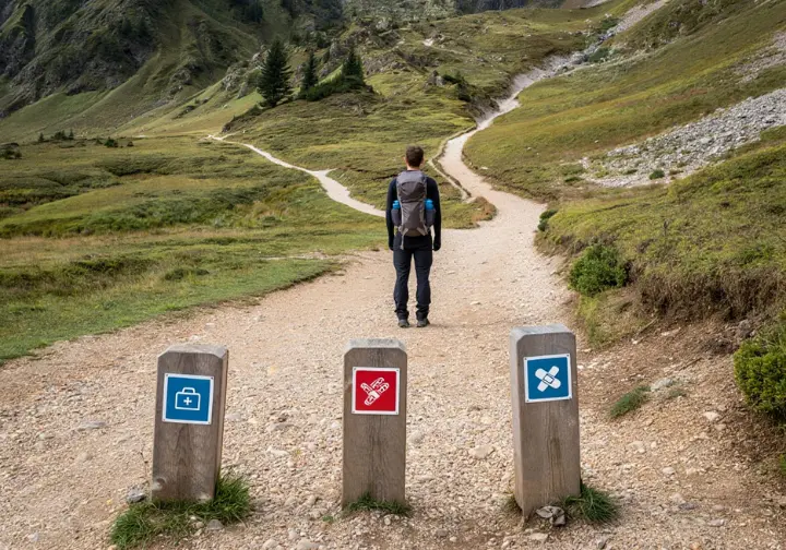 A hiker standing at a crossroads on a mountain trail, symbolizing the decision to build, buy, or use a hybrid approach for a hiking first-aid kit.