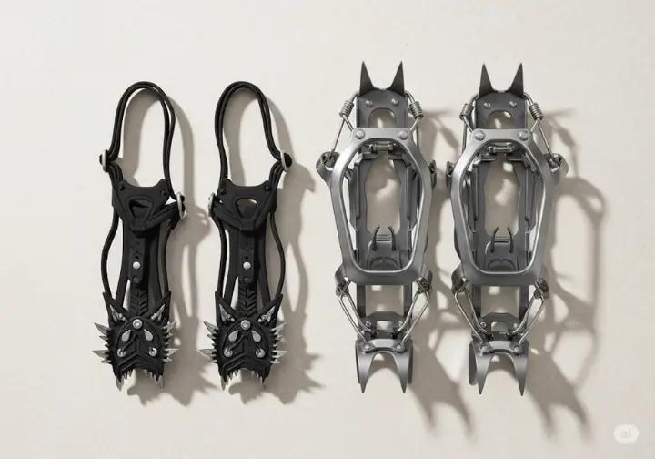 A quick comparison guide showing a pair of microspikes and a pair of hiking crampons side-by-side on a flat surface, for winter hiking traction.