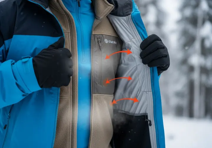 Close-up of a hiker's layered clothing, illustrating the science behind staying warm in winter hiking conditions.