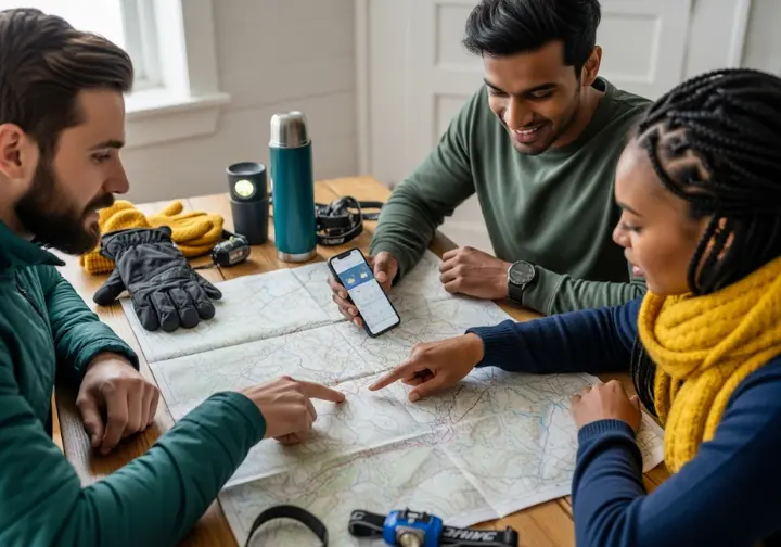 Three hikers, a diverse group, meticulously plan a winter hike indoors, reviewing a topographic map and weather forecast, emphasizing safety through preparation.