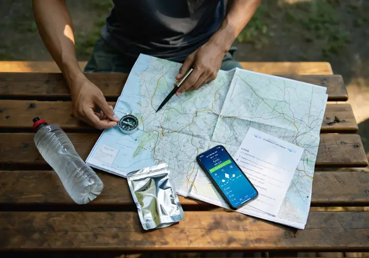 Hands reviewing a topographic map, compass, and checklist on a table, alongside a smartphone displaying a weather app, illustrating the meticulous planning for a first backpacking trip.