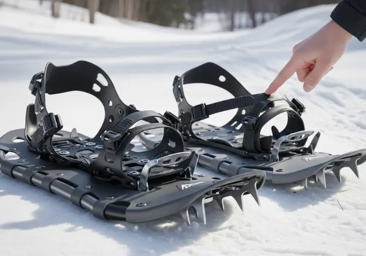 Close-up of two different modern snowshoes showcasing frames, bindings, and crampons, illustrating how to choose the right snowshoes.