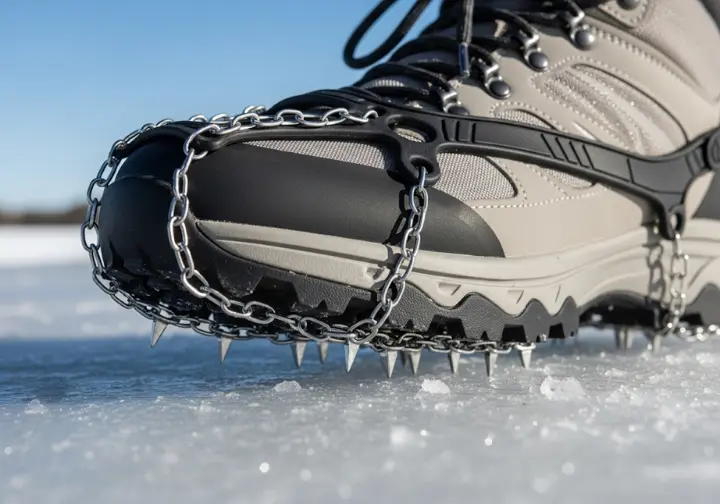 A close-up view of microspikes fitted onto a hiking boot, demonstrating their design and grip on an icy surface for winter hiking.