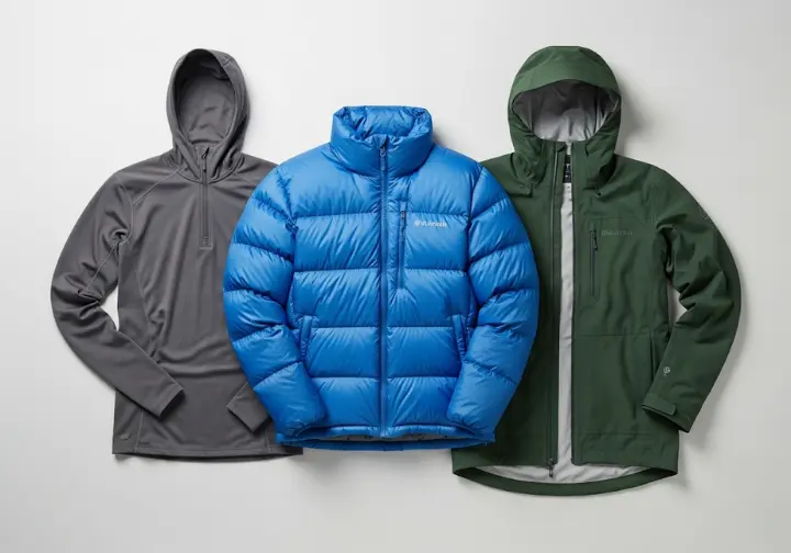Flat lay image showing a base layer, mid-layer, and outer shell, representing the three-layer system for winter hiking.