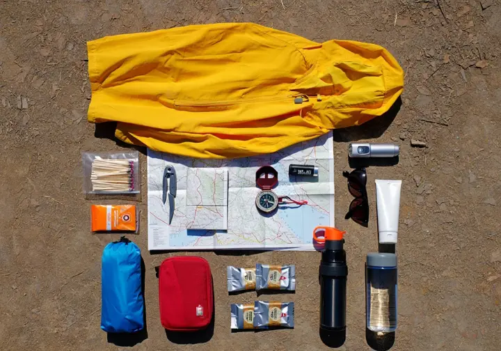 A comprehensive display of the 10 essential hiking systems, including navigation tools, first aid, and emergency gear, laid out on a map.