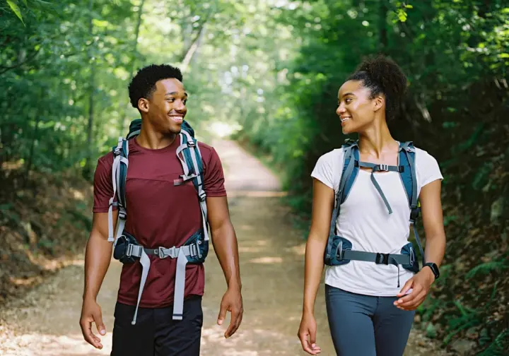 Two hikers conversing easily on a forest trail, demonstrating the conversational pace as a core technique for managing energy and finding their hiking groove.