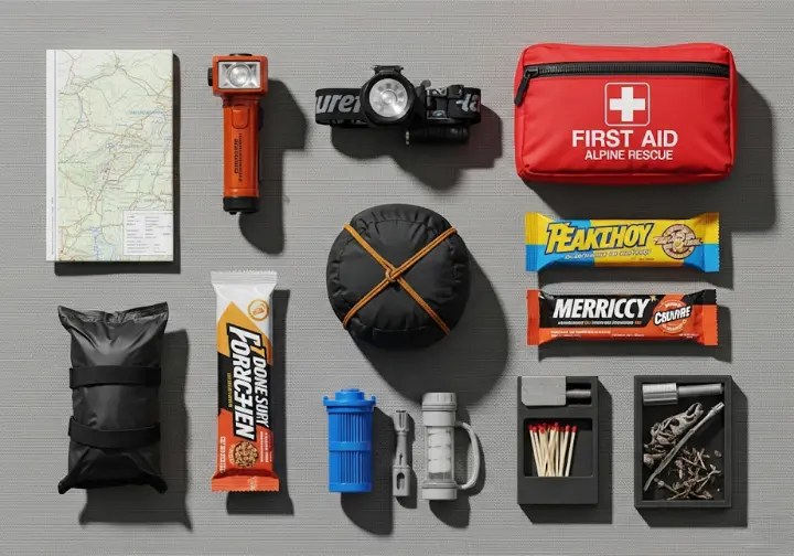 An organized flat lay of the Ten Essentials adapted for scrambling, highlighting foundational gear for alpine scrambling and easy mountaineering.