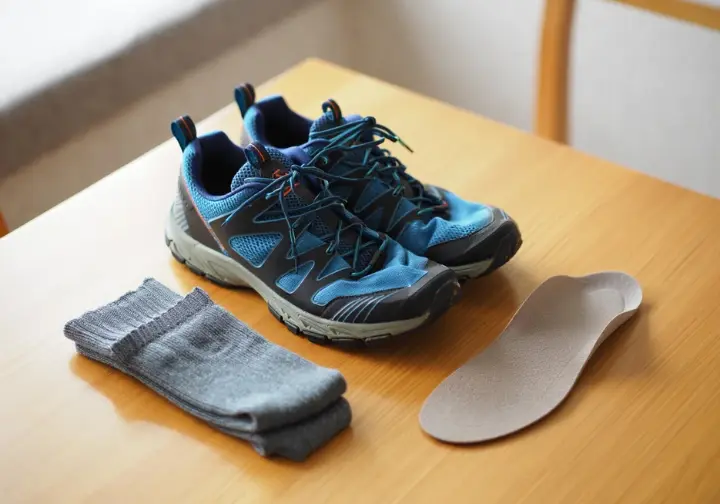 Collection of hiking shoes, socks, and insoles representing a footwear system for blister prevention.