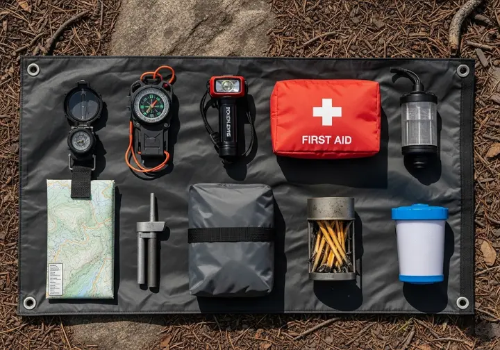 The Ten Essentials hiking gear, including a compass, map, and first-aid kit, neatly displayed outdoors.