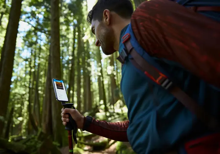 A male hiker using a smartphone with a hiking app in a dense forest, illustrating in-depth reviews of the best hiking GPS apps.