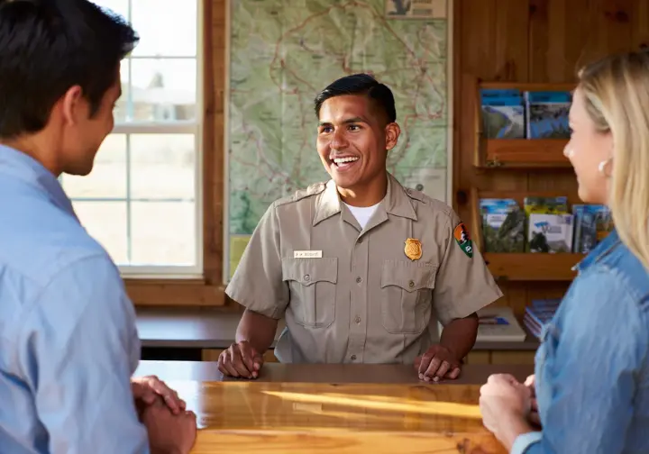 A park ranger sharing trail information with hikers at a visitor center, highlighting official and local expertise for finding hiking trails.
