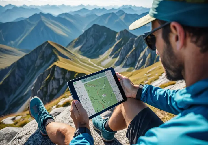 A hiker analyzing a topographic map on a tablet with a mountain landscape in the background, depicting pre-hike intelligence and mastering map reading for hiking.