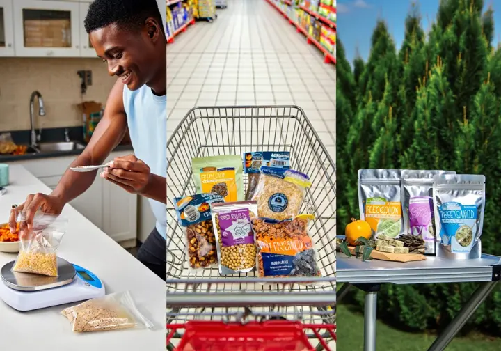 A visual representation of three ways to source backpacking food: DIY dehydration, grocery store items, and pre-packaged meals, for comprehensive meal planning.