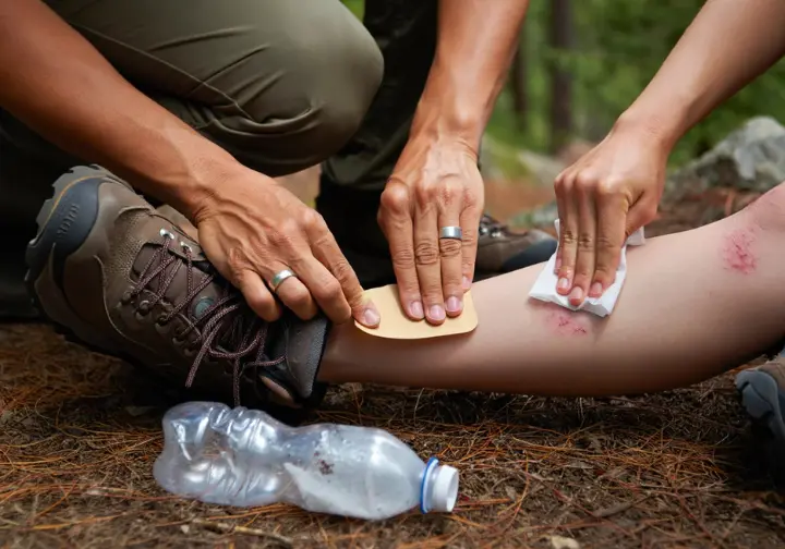 Hands treating a blister on a hiking boot and cleaning a minor cut on a leg on a dirt trail, with an empty water bottle nearby, illustrating common trail issues for an evidence-based first-aid kit.