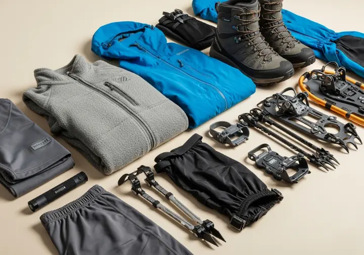 A detailed display of essential winter hiking gear, including layering apparel, insulated boots, gaiters, microspikes, and snowshoes, highlighting life-support systems.