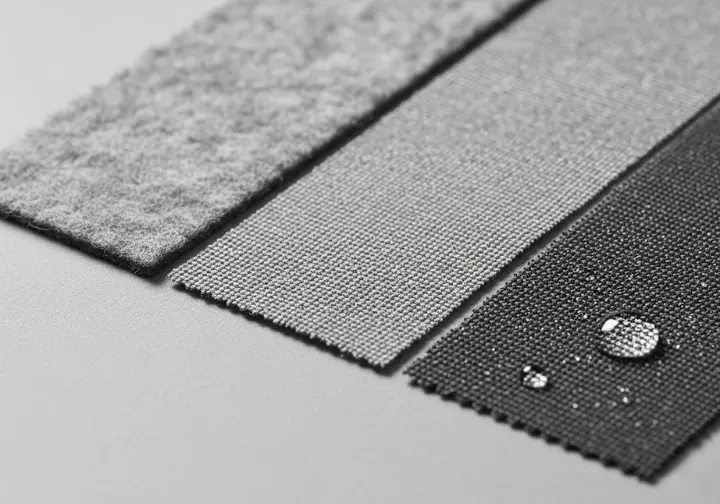 Close-up of merino wool, synthetic, and waterproof fabric swatches, illustrating performance materials for winter hiking.