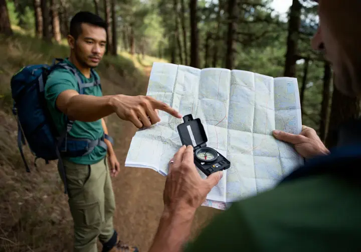 A man demonstrating how to use a compass and topographic map in a wooded backcountry setting, representing essential skills for new backpackers.