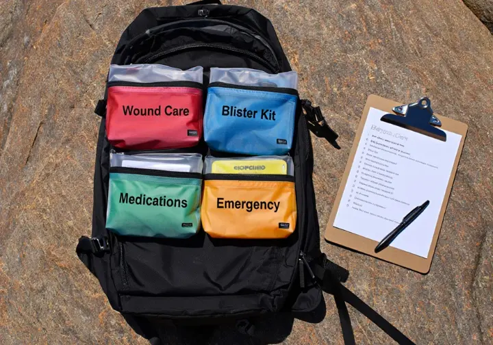 An open hiking backpack with clearly labeled, modular first-aid pouches inside, alongside a hiking checklist, illustrating a complete modular first-aid system.