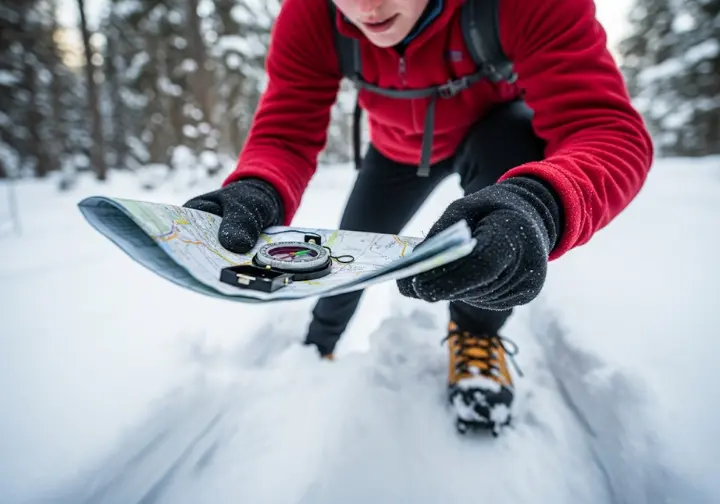 A hiker demonstrates on-trail skills, using a map and compass to navigate a snowy, indistinct winter trail, highlighting winter navigation techniques.