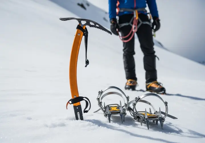 An ice axe plunged into snow with crampons nearby, illustrating the alpine environment kit for essential gear for alpine scrambling and easy mountaineering.