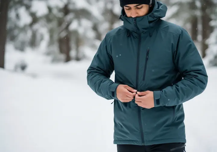 Hiker adjusting jacket zipper on a snowy trail, demonstrating dynamic layering for winter hiking.