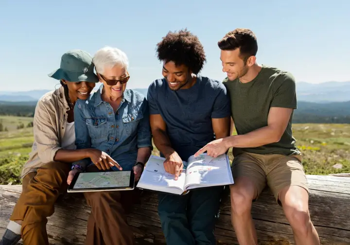 Hikers consulting maps and guidebooks to find the best day hikes tailored to their adventure preferences.