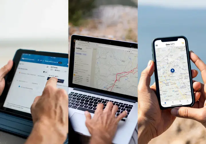 Hands interacting with different digital mapping tools (tablet, laptop, smartphone) in a step-by-step sequence, showing a workflow for planning a hiking route.