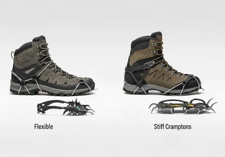 A visual guide illustrating boot and traction compatibility for hiking, showing flexible boots with microspikes and stiff boots with crampons.