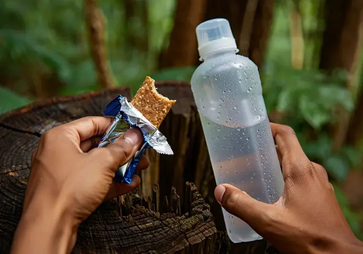 Close-up of an energy bar and water bottle on a tree stump, representing the hiker's energy trinity of fuel, hydration, and breath for endurance.