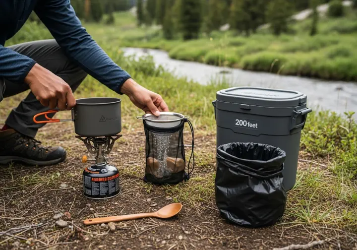 A photorealistic depiction of an organized camp kitchen with essential gear, illustrating safe and clean practices for backpacking food preparation and waste disposal.