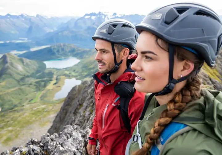 Two scramblers on a rocky ridge overlooking a wilderness, symbolizing the mindset of risk, responsibility, and Leave No Trace in alpine environments.