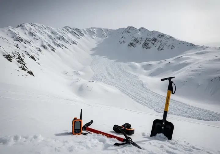 A wide shot of an avalanche-prone snowy mountain slope with an avalanche beacon, shovel, and probe in the foreground, symbolizing proactive hazard management in winter hiking.