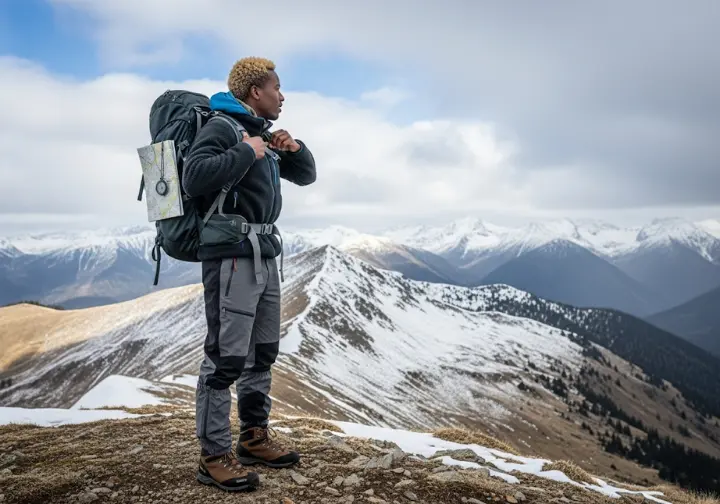 Hiker on a mountain ridge surveying a varied winter landscape, illustrating adaptability in layering for different conditions.