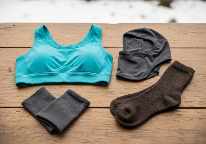 Essential winter hiking accessories including a wicking sports bra, wool socks, and liner gloves, highlighting overlooked layering topics.