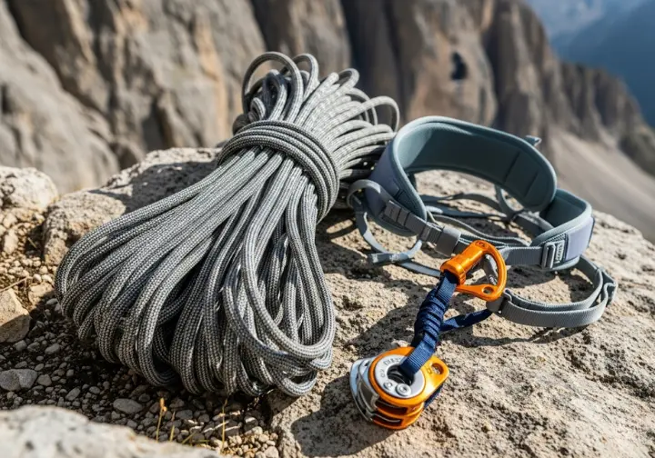 Coiled climbing rope, alpine harness, and belay device on a rocky ledge, representing the technical safety system and when to carry a rope for alpine scrambling and easy mountaineering.