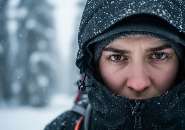 A close-up of a hiker's focused face, conveying the critical role of the human mind and decision-making under the stress of winter hiking.