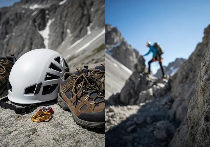 Essential scrambling gear in the foreground with a figure retreating from a difficult mountain section in the background, illustrating building your kit and avoiding beginner pitfalls in alpine scrambling and easy mountaineering.