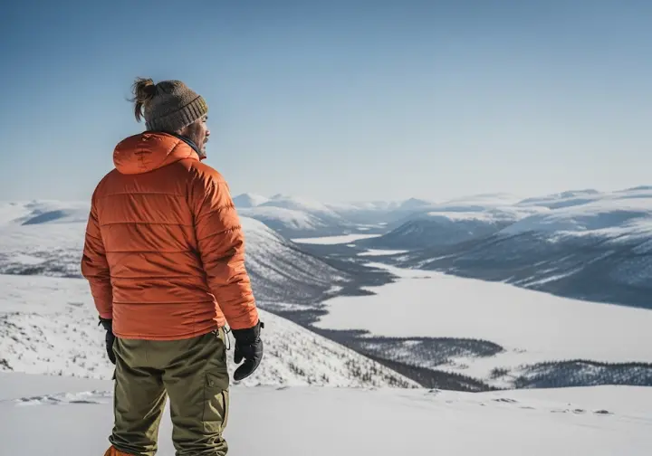 A hiker overlooking a vast winter wilderness, emphasizing winter safety and environmental awareness.