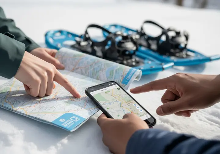Hands reviewing a trail map and a smartphone with offline GPS, representing planning for a first snowshoe adventure.