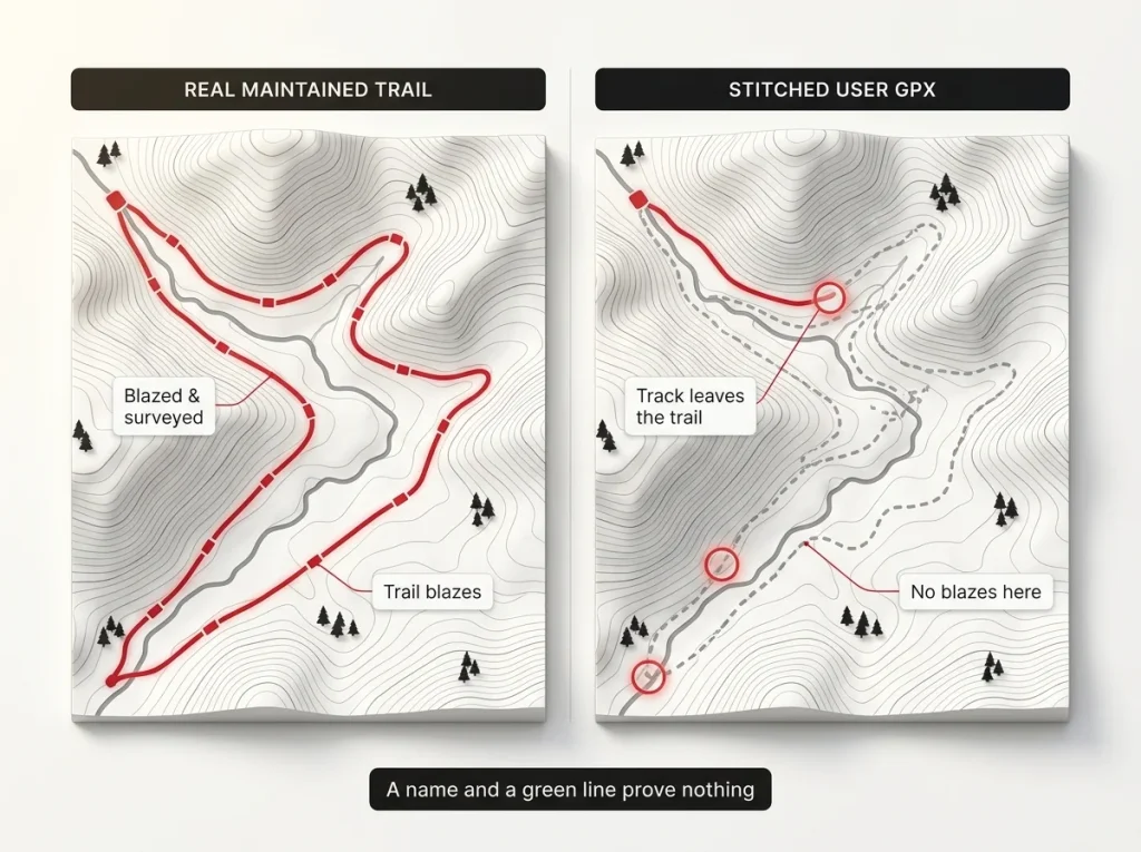 Annotated map comparing a real blazed Forest Service trail to a stitched AllTrails user GPX route with divergence points labeled