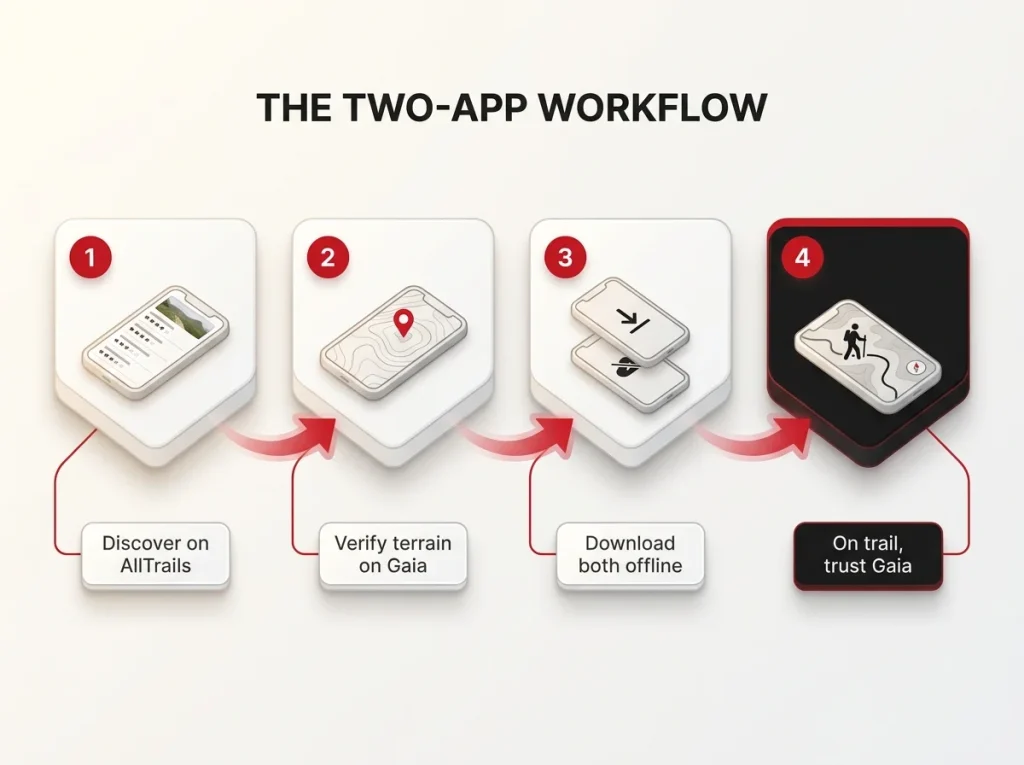 Four-step process diagram of the two-app hiking workflow: discover on AllTrails, verify on Gaia, download offline, trust Gaia on trail
