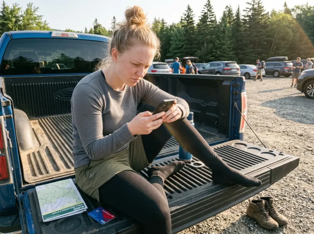 Hiker on a truck tailgate weighing two paid hiking app subscriptions on a phone