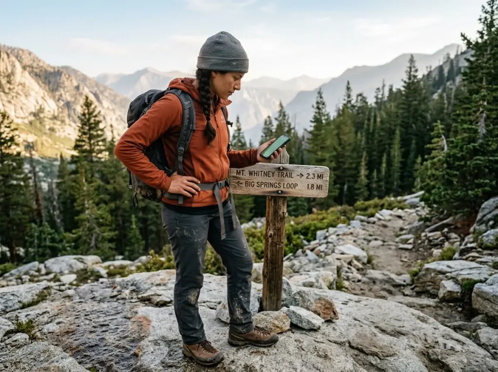 Hiker comparing Gaia vs AllTrails on a phone at a granite trail junction at dawn