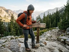 Gaia vs AllTrails and the Trail That Isn’t Real Hiker comparing Gaia vs AllTrails on a phone at a granite trail junction at dawn