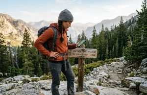 Gaia vs AllTrails and the Trail That Isn’t Real Hiker comparing Gaia vs AllTrails on a phone at a granite trail junction at dawn