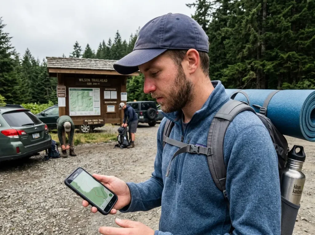 Hiker checking a trail app on a phone at a busy maintained trailhead