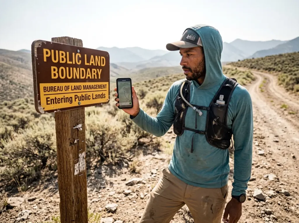 Hiker checking a phone map beside a public land boundary sign at a trailhead