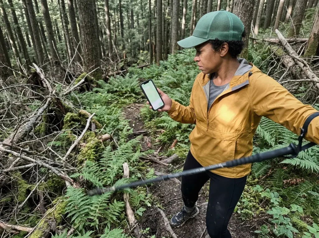 Confused hiker holding a phone where a marked trail fades into unmarked brush