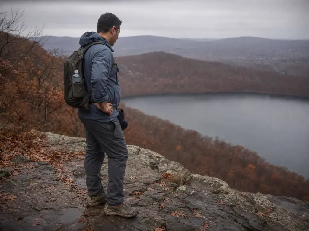 Hiker pausing on the Chauncey Peak ridge above Crescent Lake in Giuffrida Park, Connecticut