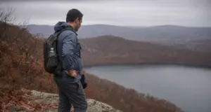 Giuffrida Park Has 3 Trails — Here’s Which to Hike Hiker pausing on the Chauncey Peak ridge above Crescent Lake in Giuffrida Park, Connecticut